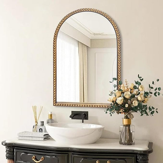 BAODANFU Traditional Arch Mirror for Bathroom, 20" x30" Baroque Antique Gold Marlowe Mirrors Beaded Frame, Decorative Accent Vertical Vanity, Wall Decor Over Mantel Fireplace, Sofa, Entryway
