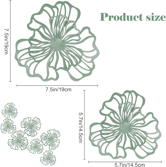 7 Piece Metal Wall Decor for Living Room, Boho Double Layered Iron Flower Wall Hanging Art, Aesthetic Indoor Metal Wall Sculpture Decor for Bedroom Kitchen Bathroom Farmhouse Home Office, Green