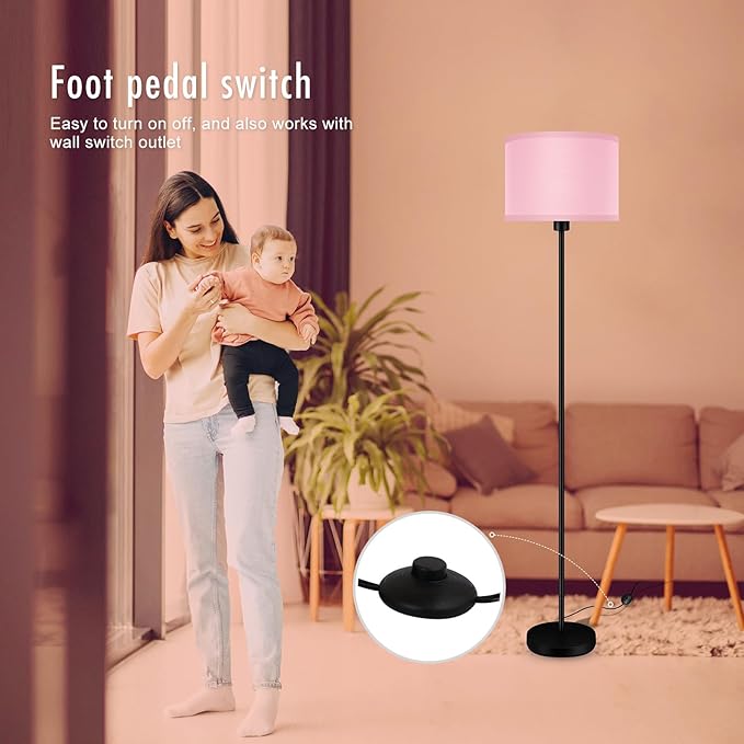 Floor Lamp Pink, Standing Lamp, Small Kids Floor Lamps with Lampshade, 59" Tall Lamps for Bedroom, Foot Switch, Simple Corner Pole Lamp for Living Room, Girls Room, Nursery, Office(NO Bulb, E26 Base)