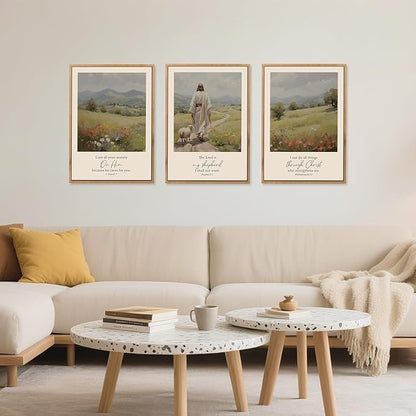 Aurlan Christian Bible Verses Framed Wall Art(24"x36"), 3PCS Vintage Jesus Leaves The 99 Lost Sheep Inspirational Scripture Canvas Artwork, Religious Abstract Flowers Nature Landscape Gallery Decor for Home Office Bedroom