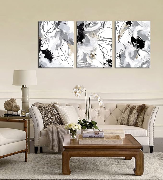Abstract Canvas Wall Art for Bedroom Bathroom Living Room Wall Decor Black White Grey Modern Abstract Canvas Pictures Abstract Prints Artwork Home Office Wall Decoration 16" x 24" x 3 Pieces