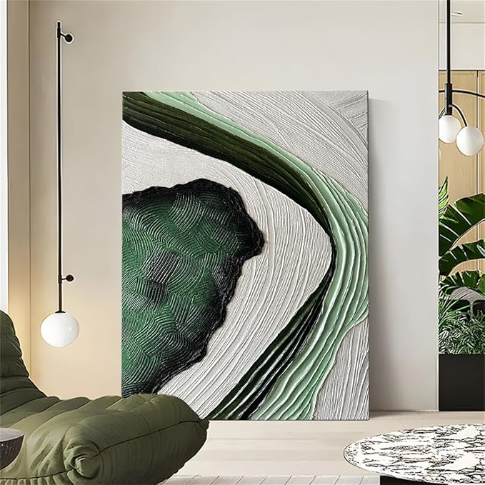 Slyart Large Nordic Green and White Abstract Vertical Wall Art Green 3D Texture Painting Green White Painting Modern Living Room Oil Paintings Minimalist Art