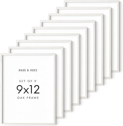 HAUS AND HUES White Oak Wood 9x12 Picture Frames - Set of 9, Modern Frames for Posters and Wall Display