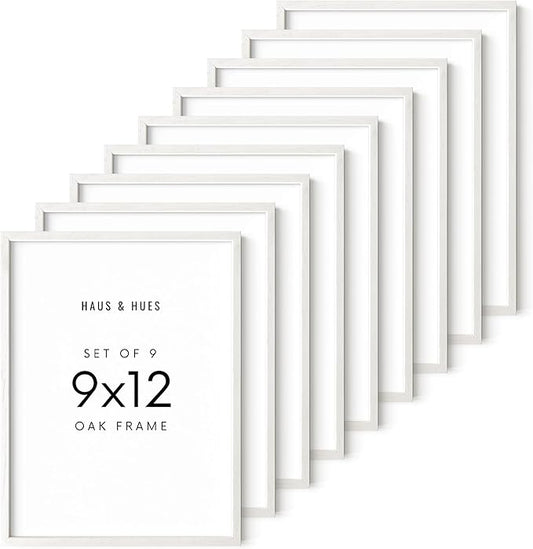 HAUS AND HUES White Oak Wood 9x12 Picture Frames - Set of 9, Modern Frames for Posters and Wall Display