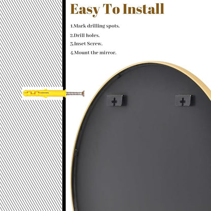 VooBang Gold Round Bathroom Mirror, 30 inch Circle Wall Mounted Hanging Mirror with Simple Modern Circular Metal Frame for Hallway, Entryway, Living Room, Gold Frame