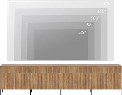 WAMPAT Large Fluted TV Stand TVs up to 120 inch, 126" W Modern TV Entertainment Center with Storage and 4 Drawers & 8 Doors, Wood Media TV Console Table with Storage for Living Room, Light Walnut