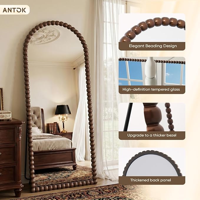 Antok 71" x 28" Arched Full Length Mirror, Antique Beaded Frame Floor Standing or Wall Mounted Mirror with Stand for Bedroom, Entryway, Brown, Luxury Style