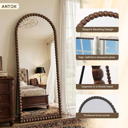 Antok 71" x 28" Arched Full Length Mirror, Antique Beaded Frame Floor Standing or Wall Mounted Mirror with Stand for Bedroom, Entryway, Brown, Luxury Style