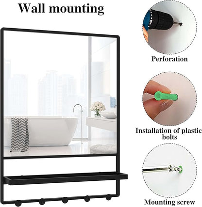 Wall Mirror with Shelf and Hooks,Vanity Mirror with Hooks, 21 X 28 inch Metal Framed Bathroom Mirror with Shelf for Bathroom, Entryway, Bedroom, Living Room (Black, 21" x 28")