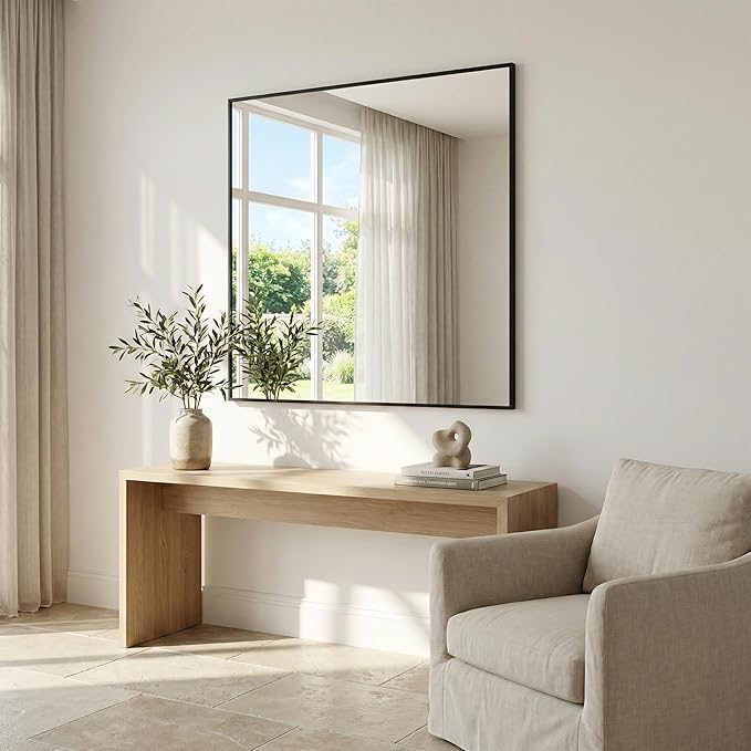 30" x 30" Square Matte Black Wall Mirror, Modern Geometric Metal Framed Decor, Bathroom Vanity & Entryway Accent Mirror, Flush Mount