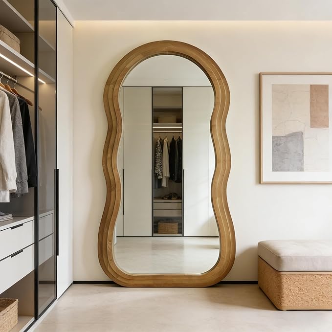 Wavy Full Length Mirror, 71"x33.5" Oversized Aesthetic Floor Mirrors with Triple Layer Solid Wood Frame, Premium Organic Full Body Mirror for Living Room Entryway Cloakroom, Leaning/Hanging