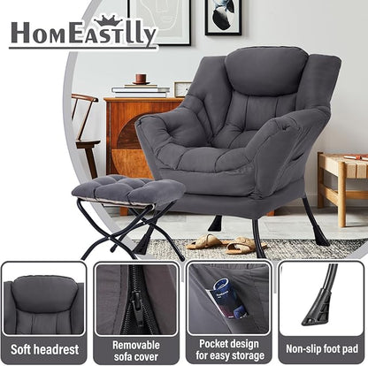 Lazy Chair with Ottoman, Large Dark Grey Accent Chair with Ottoman, Comfy Reading Armchair, Leisure Sofa Chair for Living Room, Bedroom, Dorm Room, Office