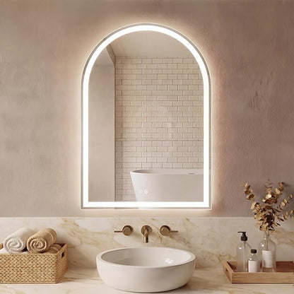 DUMOS 24"×36" LED Bathroom Mirror with Lights, Arched Vanity Mirror with Anti-Fog, Dimmable, 3-Color Light, Memory Function, Front Light and Backlit, Tempered Glass