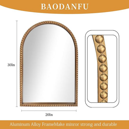 BAODANFU Traditional Arch Mirror for Bathroom, 20" x30" Baroque Antique Gold Marlowe Mirrors Beaded Frame, Decorative Accent Vertical Vanity, Wall Decor Over Mantel Fireplace, Sofa, Entryway