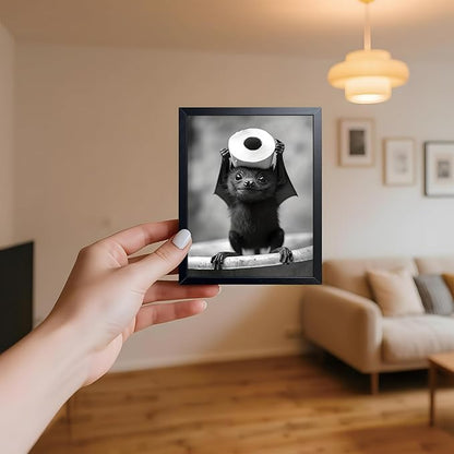 ARKZSHO Black and White Bathroom Wall Art, Funny Bats Canvas Print Poster, Cute Animal Wall Drcor Painting, Modern Farmhouse Restroom Home Decoration (Framed 10''x8'')