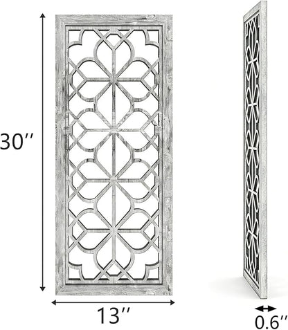 Set of 2 13x30 Inch Large Grey Shatterproof Carved Floral Wood Frame Wall Mirrors, Boho Farmhouse Rustic Accent Mirrors for Living Room Bedroom Bathroom & Home Decor