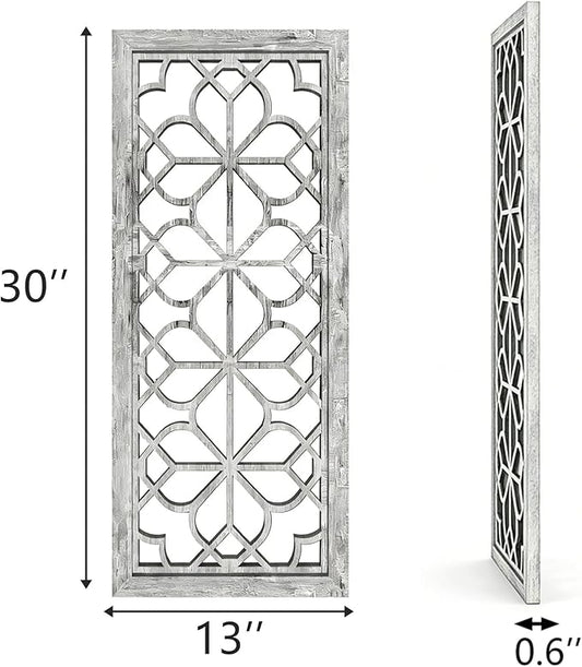 Set of 2 13x30 Inch Large Grey Shatterproof Carved Floral Wood Frame Wall Mirrors, Boho Farmhouse Rustic Accent Mirrors for Living Room Bedroom Bathroom & Home Decor