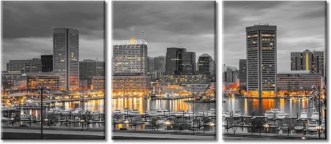 TUMOVO Baltimore City Skyline Canvas Wall Art 3 Panel American Cityscape Pictures Black and White Wall Art Beautiful Cityscape Modern Artwork Wall Decor Framed Ready to Hang (36" Wx16 H)