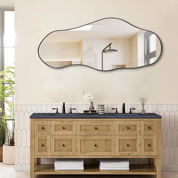 Irregular Mirror, 47"x20.5" Asymmetrical Mirrors with Metal Frame, Modern Abstract Wall Mirror for Living Room Bathroom Bedroom Hallway Entryway, Hangs Vertically or Horizontally