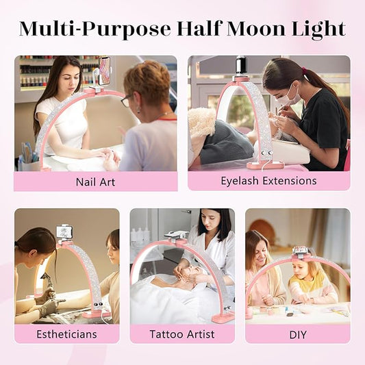 LIONVISON Half Moon Light for Nail Tech: 31 inch Lash LED Lamp with Phone Holder - 48W Foldable Arch Lights for Eyelash Tech - Manicure Handicraft Lighting for Spa,Salon