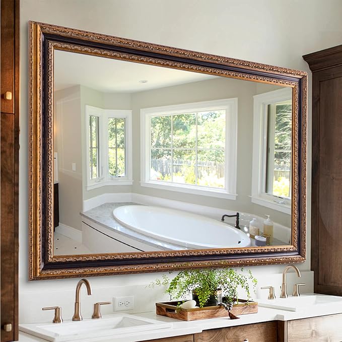Vintage Wall Mirrors for Bathroom, 49" X 33" Ornate Carved Wood Frame Large Living Room Mirror, Black & Bronze Handmade Aging Wall Decor for Foyer, Entryway and Bedroom