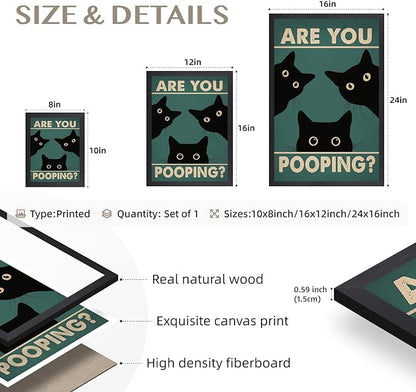 Cyebmo Funny Black Cat Bathroom Wall Art, Whimsical Toilet Humor Wall Decor, “Are You Pooping?” Cat Canvas Painting, Three Cats Poster Print for Restroom BathRoom Wood Framed Ready to Hang 8x10 Inch