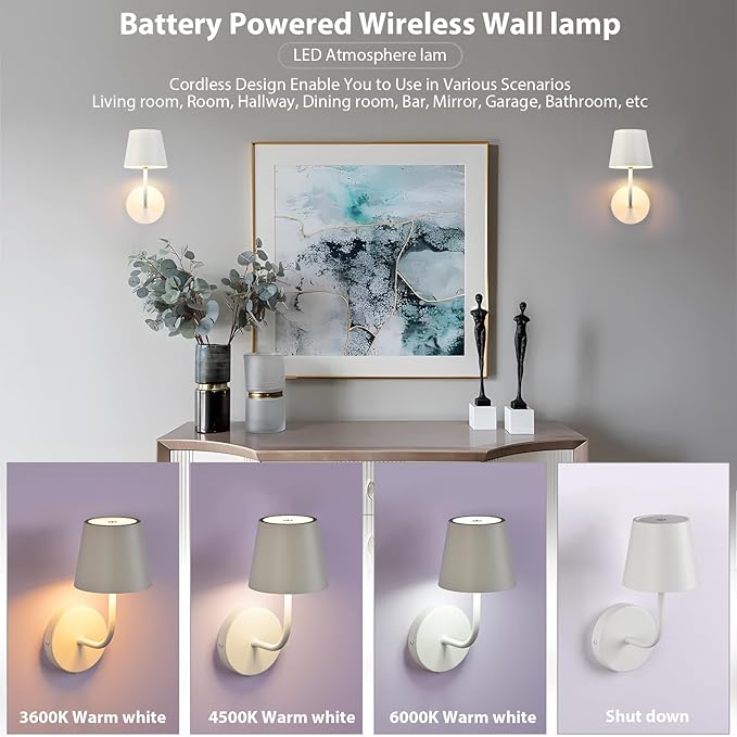 IMQSQIK LED Wireless Wall Lamp Set of 2, with 5600mAh Rechargeable Battery Powered Wall Sconces, Touch for Remote Control Infinite Dimming Be Used for Bedroom Mirror Living Room Wall Painting (White)