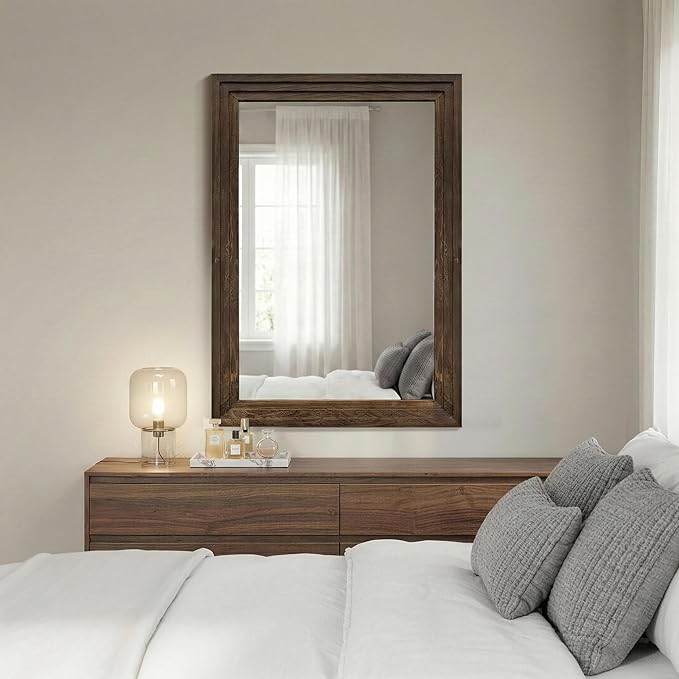 Wood Framed Mirrors for Wall, Brown Bathroom Vanity Mirror for Over Sink 20 x 30, Rustic Wall Mirror for Bathroom Sink Hallway Entryway Bedroom Living Room Farmhouse Boho Style