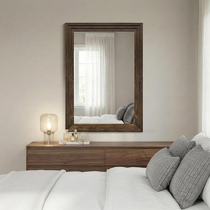 Wood Framed Mirrors for Wall, Brown Bathroom Vanity Mirror for Over Sink 20 x 30, Rustic Wall Mirror for Bathroom Sink Hallway Entryway Bedroom Living Room Farmhouse Boho Style