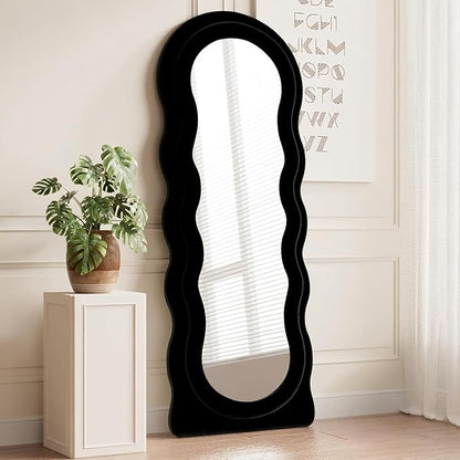 Dewfig Wavy Full Length Mirror with Stand, 63" x 24" Irregular Floor Mirror, Large Floor Length Mirror, Freestanding/Leaning/Wall Mounted, Flannel Wrapped Wooden Frame for Bedroom/Living Room, Black