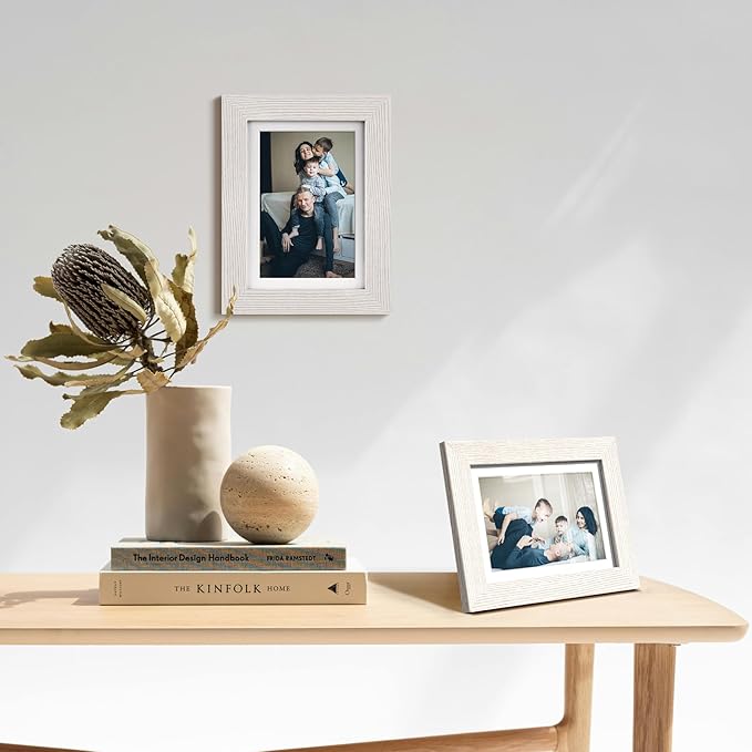 Momentworth 5x7 Picture Frame with Mat for 4x6, Rustic White Wood Grain 5 x 7 Gallery Wall Picture Frames for Tabletop or Wall Mounting(4 Pack, White)