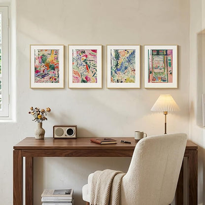 Framed Matisse Wall Art Set of 4, Colorful Abstract Landscape Wall Painting Prints, Vintage Retro Aesthetic Wall Decor for Bathroom Bedroom Hallway Office 11x14 Inch