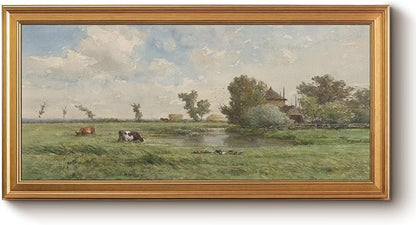 Bzstyleart Vintage Wall Art Decor for Living Room, Large Canvas Framed Wall Art, Landscape Painting Picture Farmhouse, Big Canvas Artwork Bedroom Home Decor Aesthetic, Rural Pastoral, 20 x 40 Inch