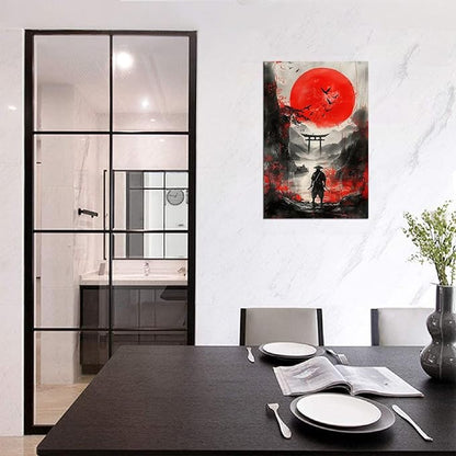 Japan Samurai and Full Moon Pictures Wall Art Japanese Theme Painting Canvas Prints Bushido Posters Japanese Landscape Artwork Home Decor Framed for Living Room Bedroom Office (18''W x 24''H)