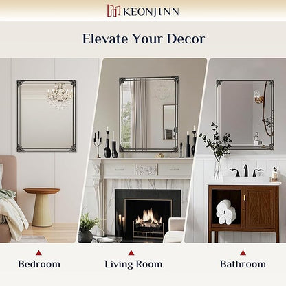 Keonjinn Vintage Mirror for Wall, 30" x 36" Antique Rectangular Black Mirrors with Metal Frame, Baroque Style Decoration for Mantle, Bathroom, Living Room, Fireplace, Bedroom, HD Shatterproof Glass