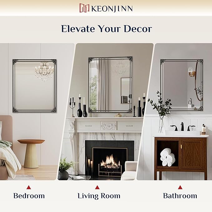 Keonjinn Vintage Mirror for Wall, 20" x 30" Antique Rectangular Black Mirrors with Metal Frame, Baroque Style Decoration for Mantle, Bathroom, Living Room, Fireplace, Bedroom, HD Shatterproof Glass