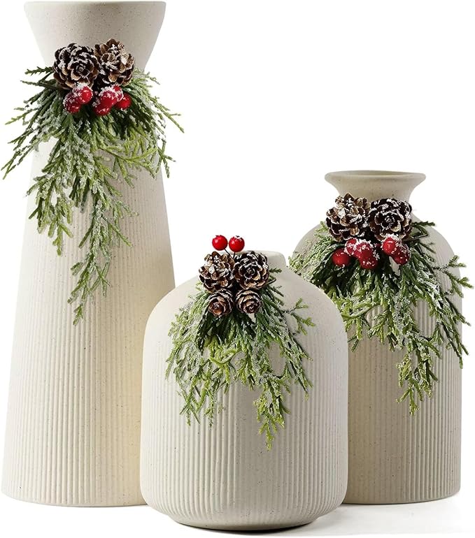 Ceramic Flower Vases Set of 3, Valentine's Day Gift Vases with Vertical Stripe Texture, Modern Decorative Vases for Dried Flowers, Home Decor Vases for Living Room Bedroom Kitchen Shelf(Beige)