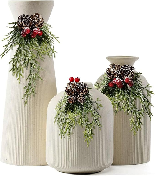 Ceramic Flower Vases Set of 3, Valentine's Day Gift Vases with Vertical Stripe Texture, Modern Decorative Vases for Dried Flowers, Home Decor Vases for Living Room Bedroom Kitchen Shelf(Beige)