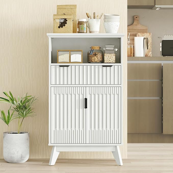 Fatmok Buffet Cabinet with Storage Set of 3, 40" Modern Fluted Coffee Bar Cabinet with Drawer & Open Shelf, Wood Buffet Sideboard Console Table for Entryway, Kitchen, Living Room (White)