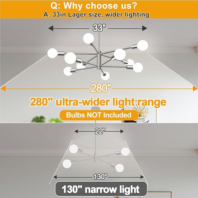 10.9"-52.3" Height Adjustable Sputnik Chandeliers Dining Room Light Fixture (10-Light, 32-Inch), Modern Brushed Nickel Chandelier, Mid Century Modern Chandeliers for Living Room (Bulbs Not Included)