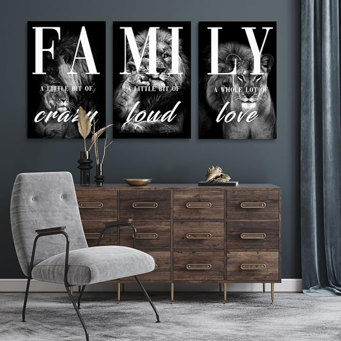 GUBIYU Farmhouse Family Wall Art Set of 3 Home Living Room Dining Room Wall Decor Animal Lion Art Black Gray Rustic Wood Framed Modern Wall Decor for Living Room,Family Signs Prints Canvas 12"x16"