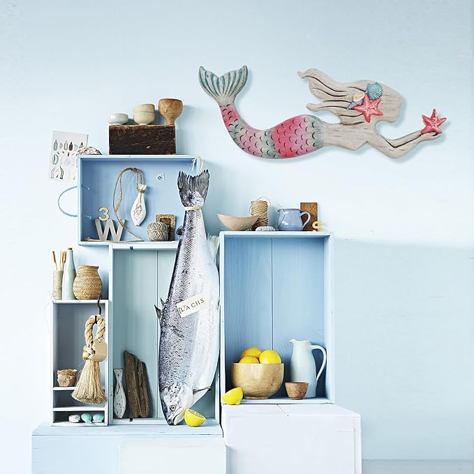 Veclotch Wood Mermaid Nautical Beach Wall Decor, Rustic Mermaid Wooden Hanging Coastal Wall Art Sculpture for Home, Lake House, Ocean Bathroom Decor, White,pink,aqua
