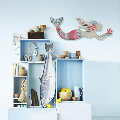 Veclotch Wood Mermaid Nautical Beach Wall Decor, Rustic Mermaid Wooden Hanging Coastal Wall Art Sculpture for Home, Lake House, Ocean Bathroom Decor, White,pink,aqua