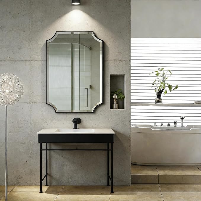 POZINO Bathroom Beveled Mirror, 24"x36" Vanity Mirror with Stainless Steel Frame, Matte Black Rounded Corner Rectangle Wall Mirrors for Living Room Bedroom Entryway, Horizontal or Vertical Hanging