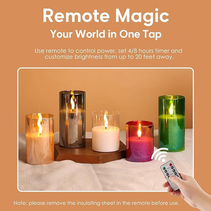 Eywamage Clear Glass Flameless Candles with Remote Timer, Flickering Battery LED Pillar Candles Set of 3