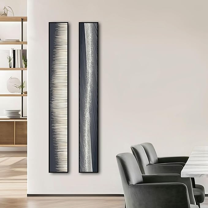 Large Framed Long Narrow Vertical Abstract Wall Art Set of 2, Premium Crystal Porcelain Canvas Prints, Black White Gold Modern Design - Perfect for Entryway, Hallway, Living Room, Bedroom - 63x10 inch