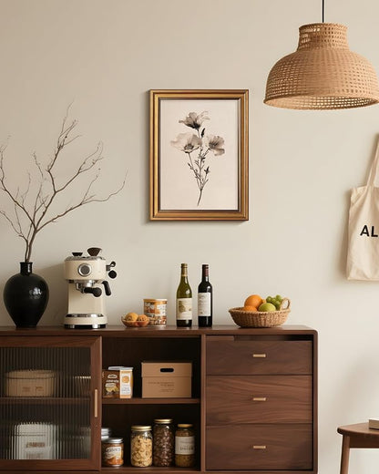 Bzstyleart Vintage Wall Art Decor for Living Room, Canvas Framed Flower Wall Art, Sketch Poppy Flower Picture Painting, Vintage Room Decor Aesthetic for Bedroom Kitchen, California, 12L x 16W
