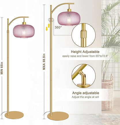 Glass Floor Lamp for Living Room, Modern Tall Standing Lamp with Pink Glass Lamp Shade, Dimmable Gold Tall Floor Lamp for Bedroom Office with Remote Control, 1 x 12W LED Bulbs Included