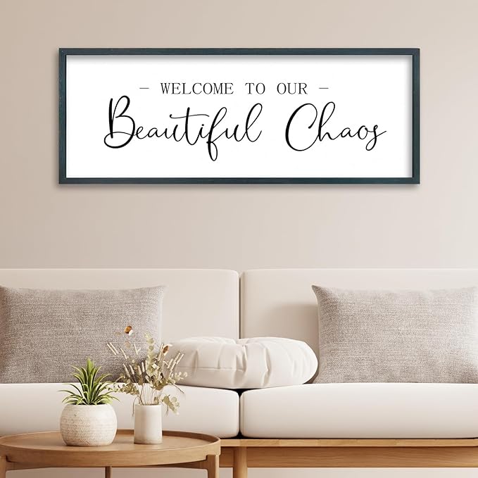 FZMHASLWW Welcome To Our Beautiful Chaos Sign Wall Decor 32"×12" Family Wooden Plaque for Living Room Entryway Hanging Wall Art (Black)