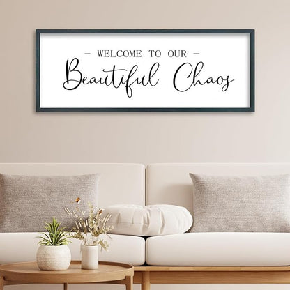 FZMHASLWW Welcome To Our Beautiful Chaos Sign Wall Decor 32"×12" Family Wooden Plaque for Living Room Entryway Hanging Wall Art (Black)